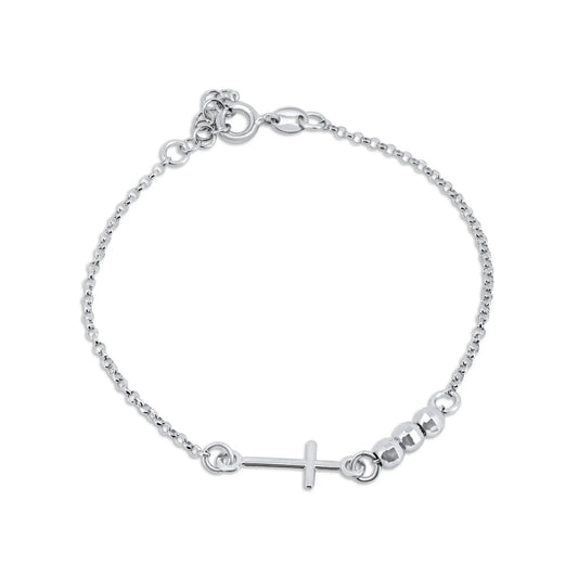 925 Sterling Silver Rhodium Plated 3 DC Bead Cross Bracelet