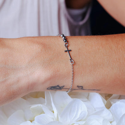 925 Sterling Silver Rhodium Plated 3 DC Bead Cross Bracelet