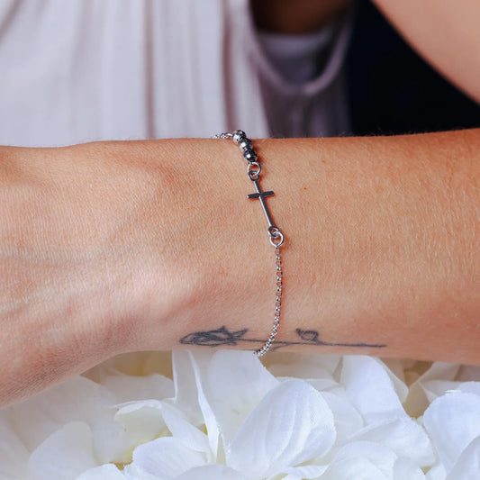 925 Sterling Silver Rhodium Plated 3 DC Bead Cross Bracelet