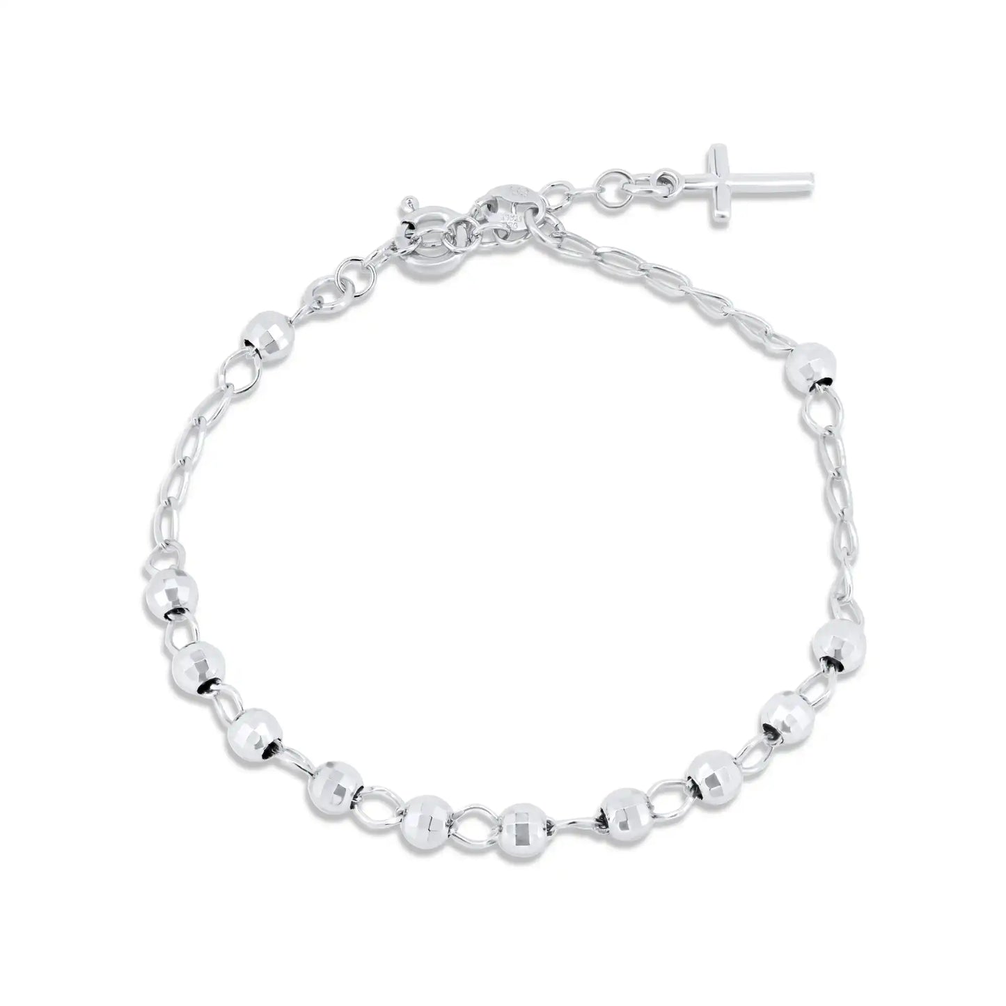 925 Sterling Silver Rhodium Plated DC Bead Cross Rosary Bracelet