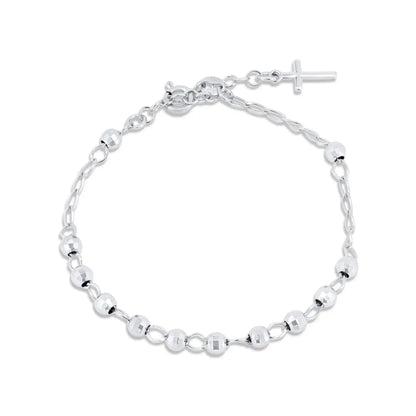 925 Sterling Silver Rhodium Plated DC Bead Cross Rosary Bracelet