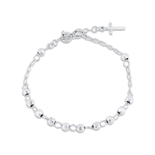 925 Sterling Silver Rhodium Plated DC Bead Cross Rosary Bracelet