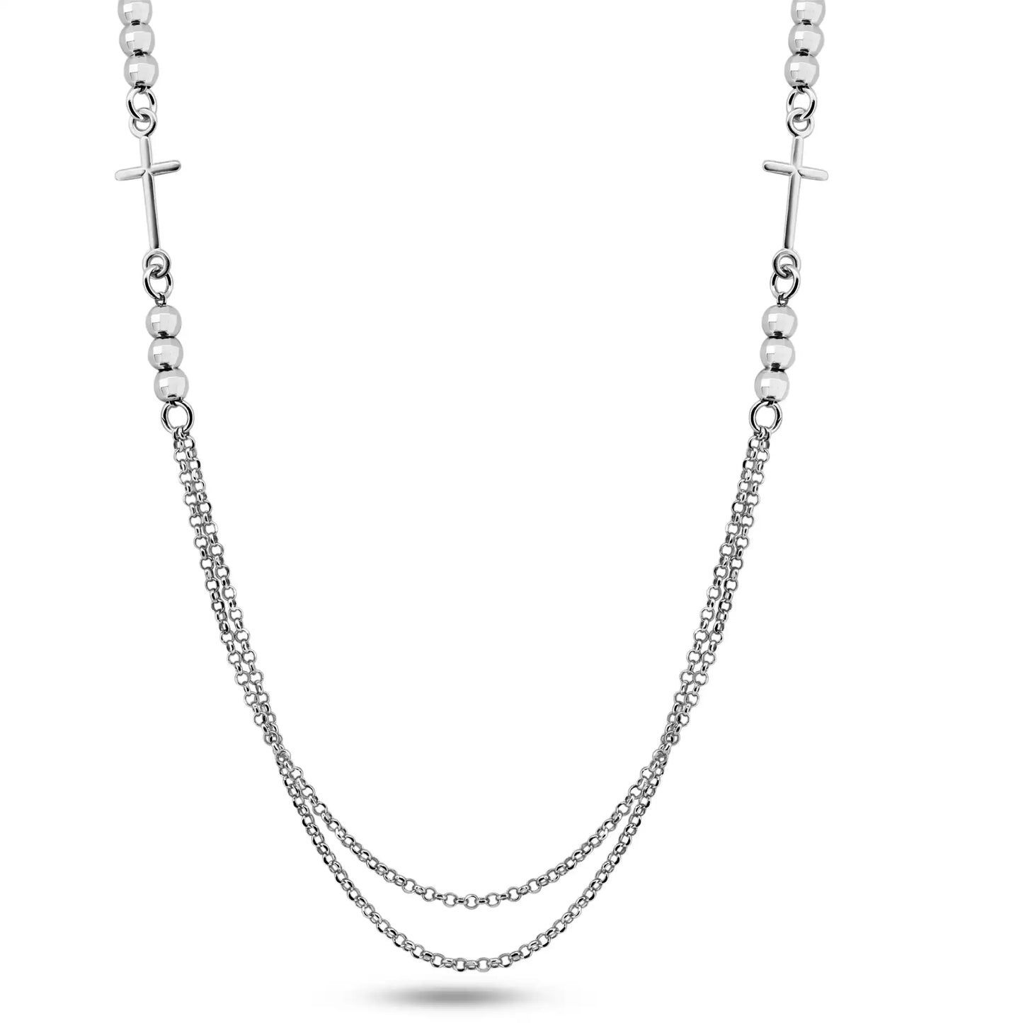 925 Sterling Silver Rhodium Plated Multi Chain Beaded Cross Necklace