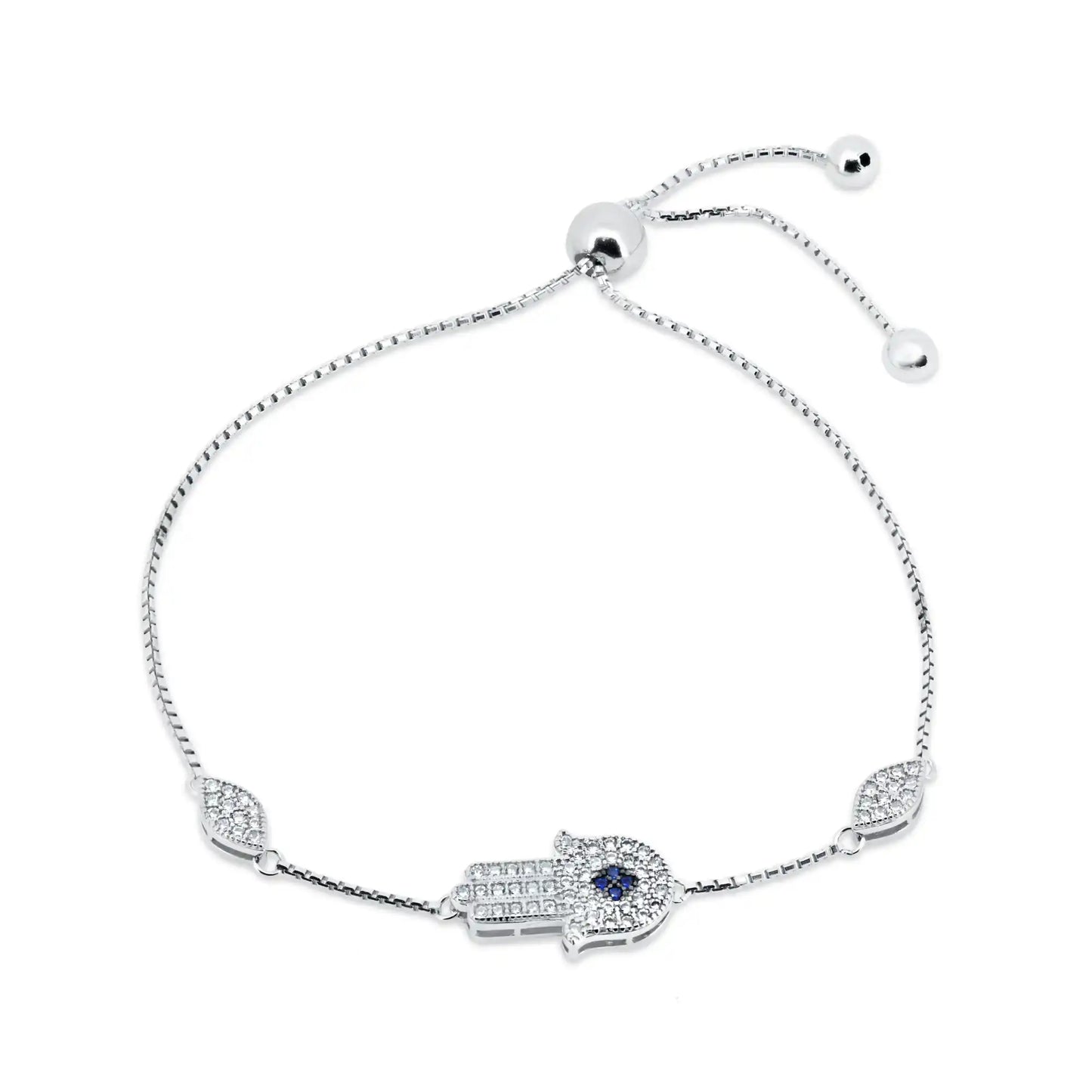 925 Sterling Silver Rhodium Plated CZ Hamsa Hand Lariat Bracelet