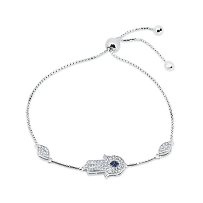925 Sterling Silver Rhodium Plated CZ Hamsa Hand Lariat Bracelet