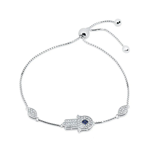 925 Sterling Silver Rhodium Plated CZ Hamsa Hand Lariat Bracelet
