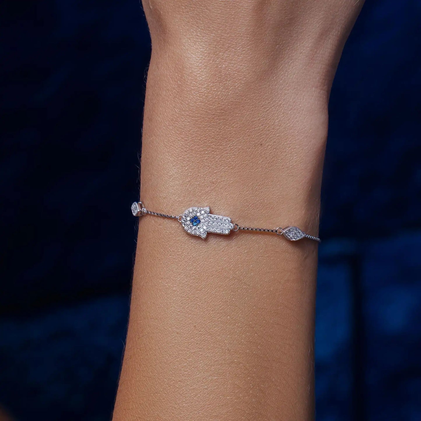 925 Sterling Silver Rhodium Plated CZ Hamsa Hand Lariat Bracelet
