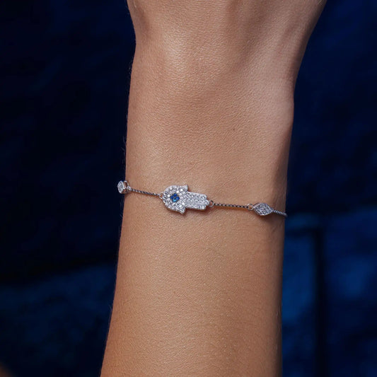 925 Sterling Silver Rhodium Plated CZ Hamsa Hand Lariat Bracelet