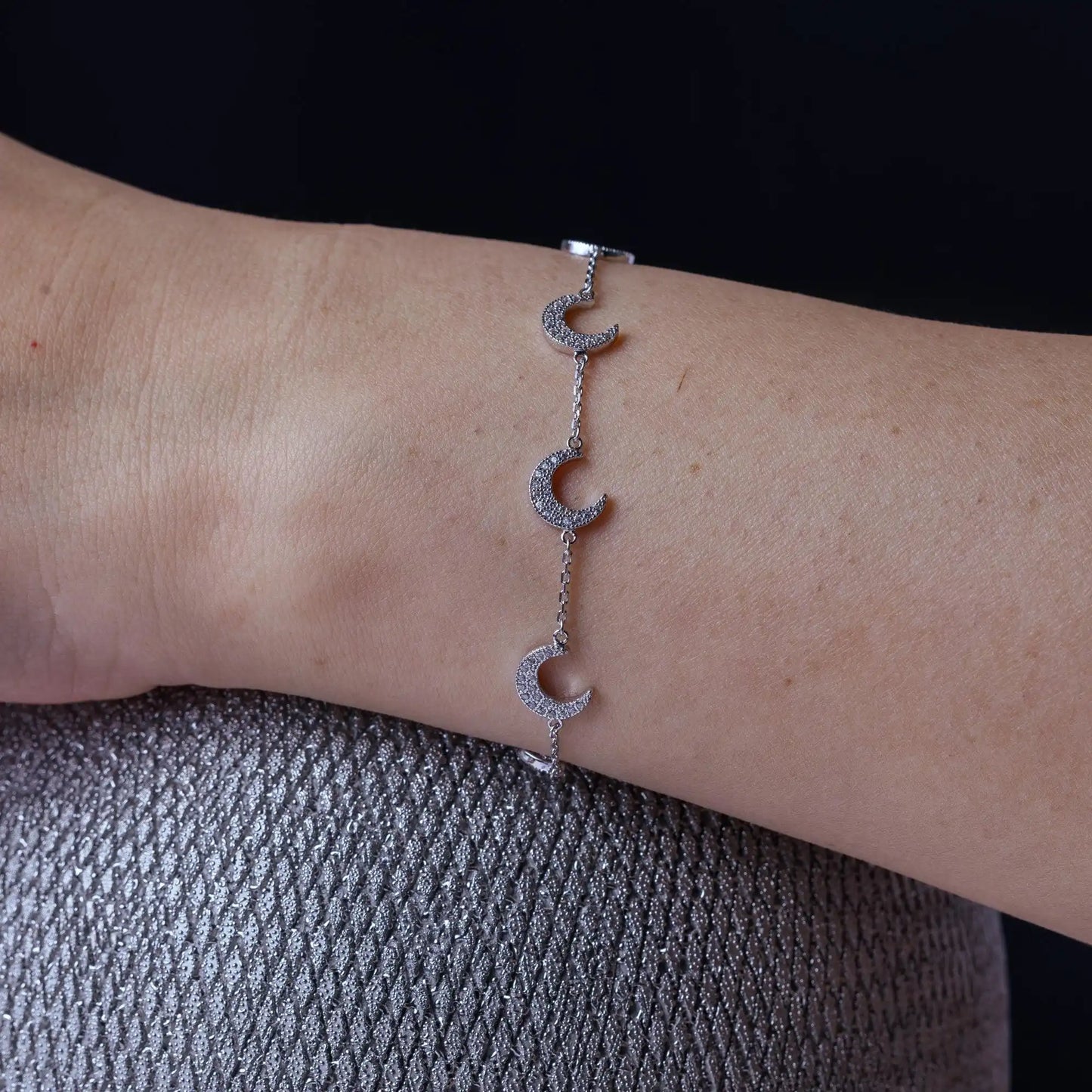 925 Sterling Silver Rhodium Plated Multiple CZ Crescent Bracelet
