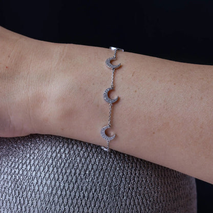 925 Sterling Silver Rhodium Plated Multiple CZ Crescent Bracelet