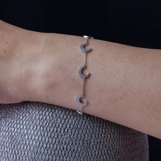 925 Sterling Silver Rhodium Plated Multiple CZ Crescent Bracelet