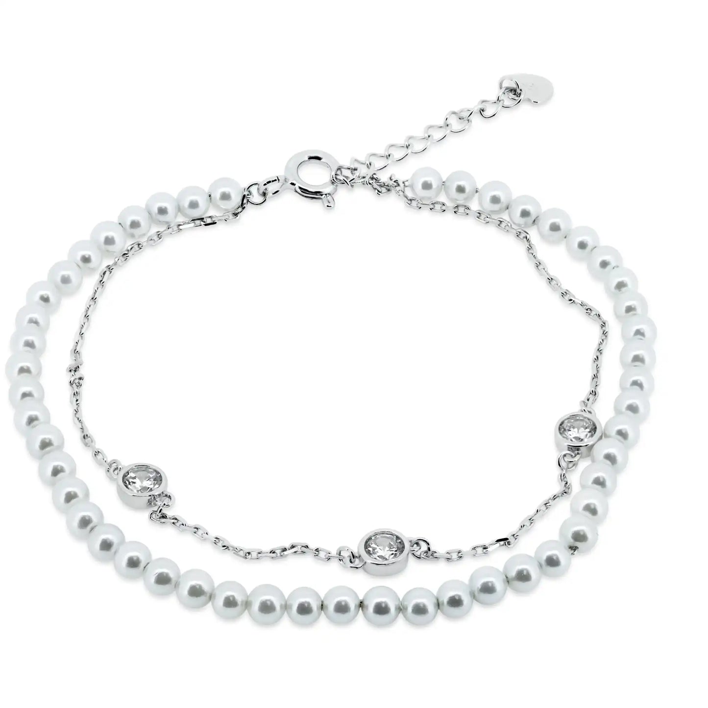 925 Sterling Silver Rhodium Plated Double Strand Synthetic Pearl with CZ