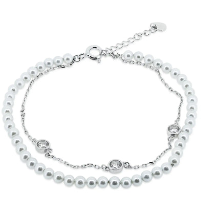 925 Sterling Silver Rhodium Plated Double Strand Synthetic Pearl with CZ