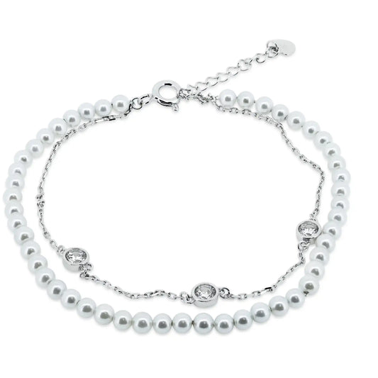 925 Sterling Silver Rhodium Plated Double Strand Synthetic Pearl with CZ