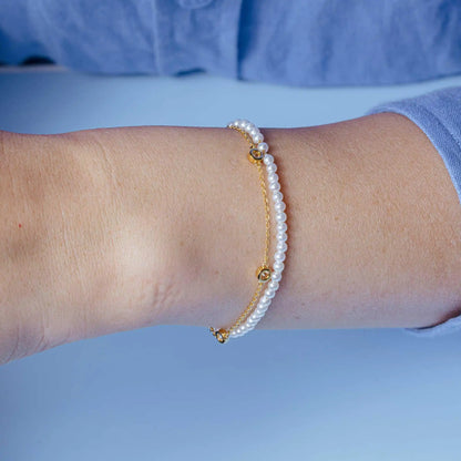 925 Sterling Silver Gold Plated Double Strand Synthetic Pearl with CZ