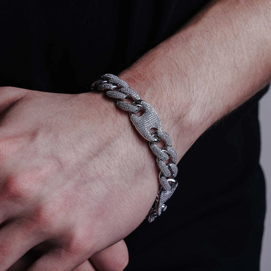 925 Sterling Silver Rhodium Plated CZ Encrusted Figaro Mariner Bracelet 14.5mm