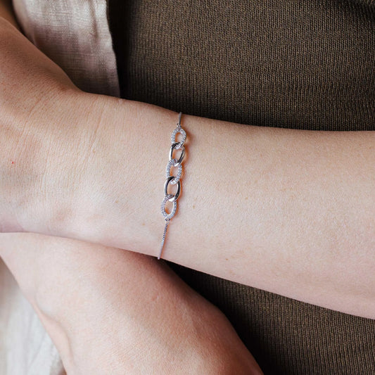 925 Sterling Silver Rhodium Plated CZ Four Link Bracelet