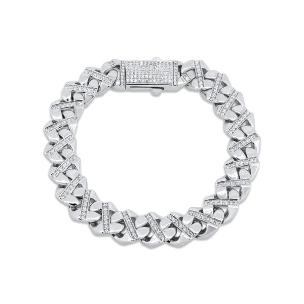 925 Sterling Silver Rhodium Plated Cuban CZ 12mm Bracelet