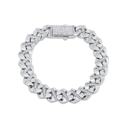 925 Sterling Silver Rhodium Plated Cuban CZ 12mm Bracelet