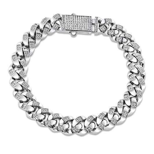 925 Sterling Silver Rhodium Plated Cuban Clear CZ 11.3mm Bracelet