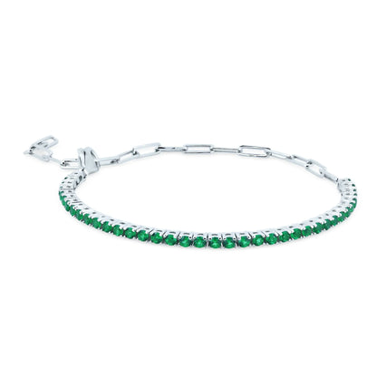 925 Sterling Silver Rhodium Plated Green CZ Paperclip 2.3mm Tennis Bracelet