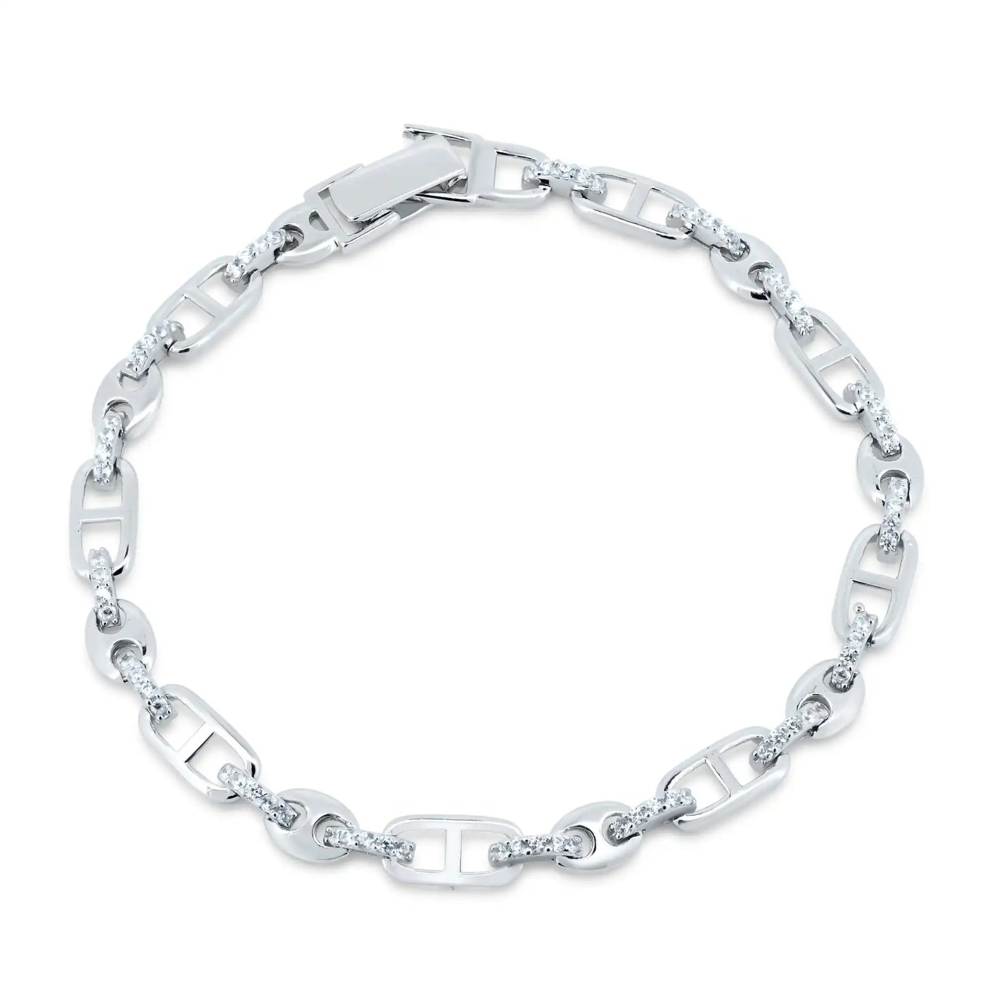 925 Sterling Silver Rhodium Plated Mariner Style CZ Link Bracelet