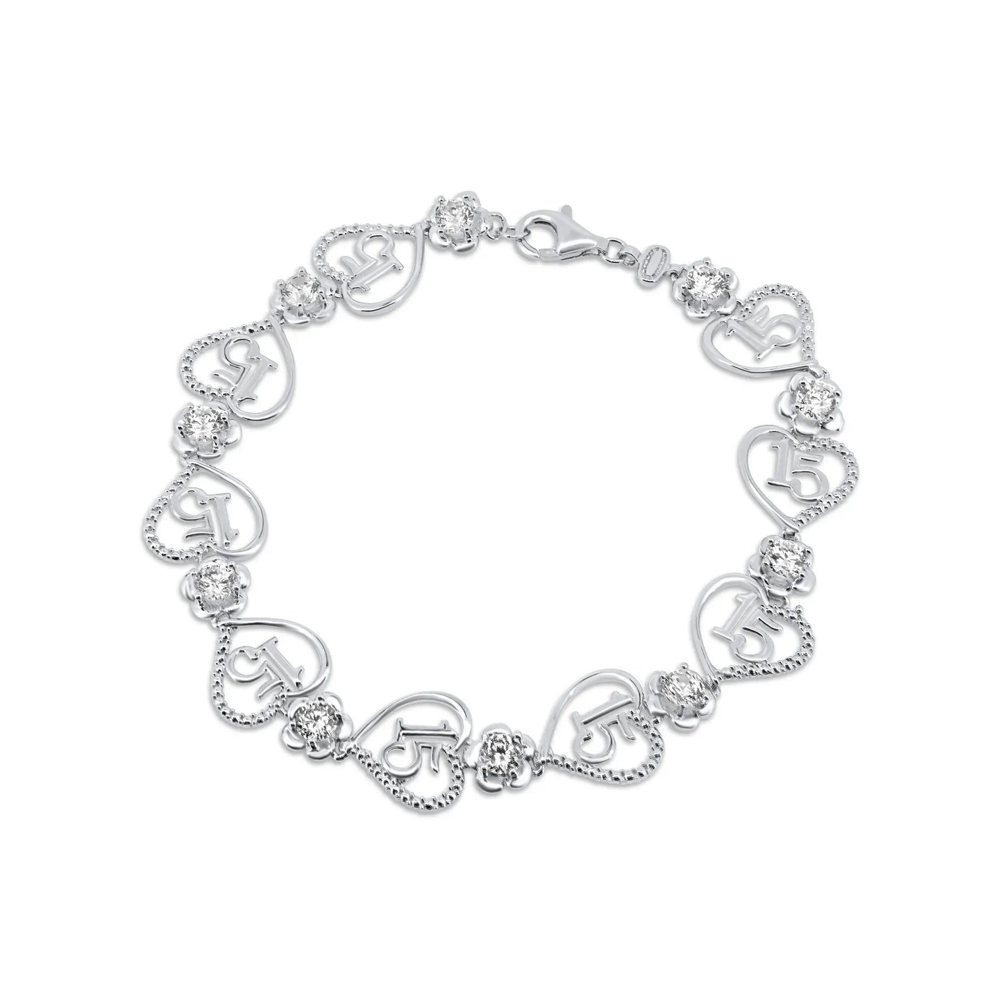 925 Sterling Silver Rhodium Plated Flower and Hearts Quincenera Bracelet