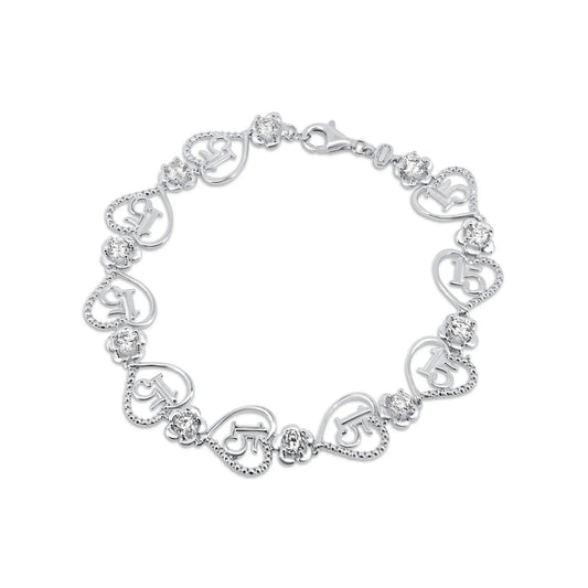 925 Sterling Silver Rhodium Plated Flower and Hearts Quincenera Bracelet