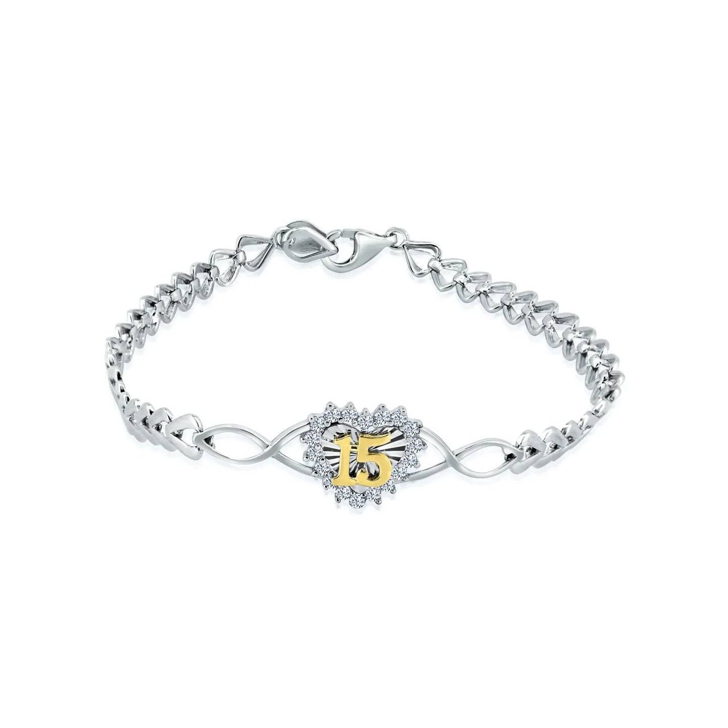 925 Sterling Silver Rhodium Plated Diamond Cut Quincinera Heart Clear CZ Bracelet