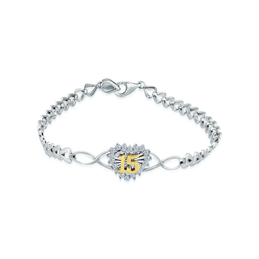 925 Sterling Silver Rhodium Plated Diamond Cut Quincinera Heart Clear CZ Bracelet
