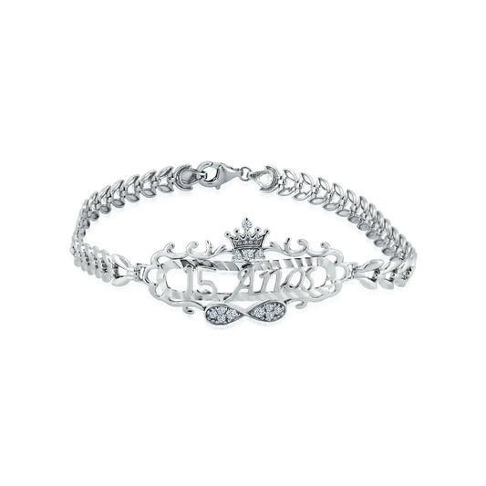 925 Sterling Silver Rhodium Plated Diamond Cut Quincinera Crown Infinity Clear CZ Bracelet