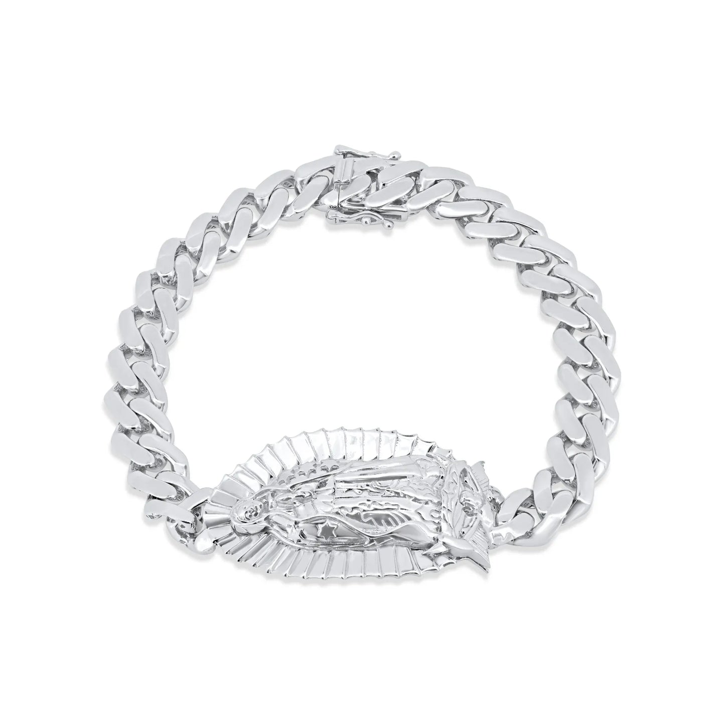 925 Sterling Silver Rhodium Plated Our Lady of Guadalupe Cuban 9mm Bracelet