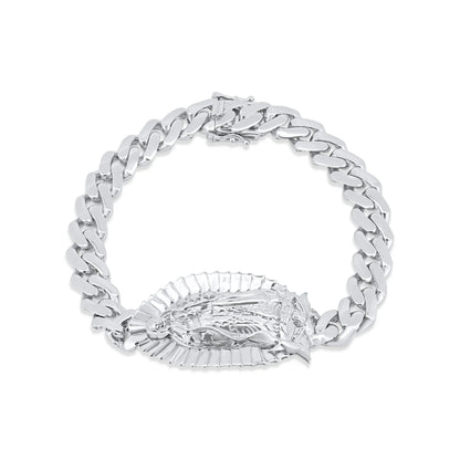 925 Sterling Silver Rhodium Plated Our Lady of Guadalupe Cuban 9mm Bracelet
