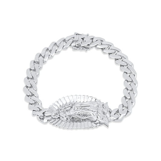 925 Sterling Silver Rhodium Plated Our Lady of Guadalupe Cuban 9mm Bracelet