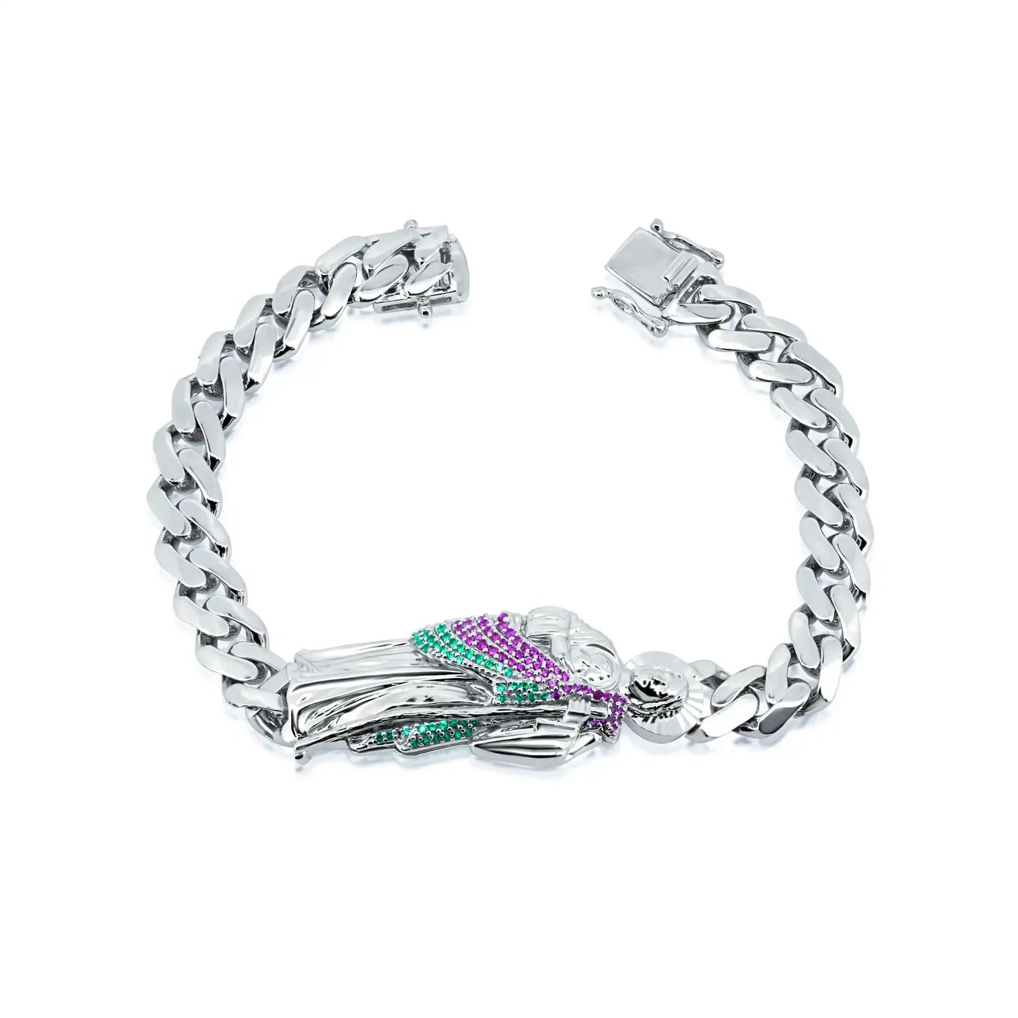 925 Sterling Silver Rhodium Plated St Jude Red and Green CZ Cuban 9.5mm Bracelet