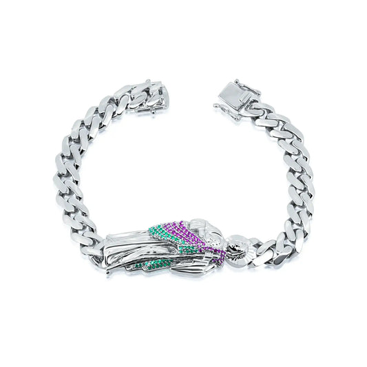 925 Sterling Silver Rhodium Plated St Jude Red and Green CZ Cuban 9.5mm Bracelet