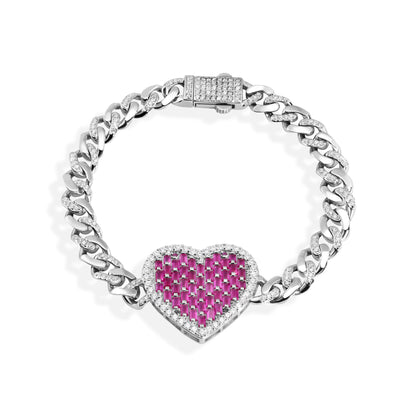 925 Sterling Silver Rhodium Plated 6.4mm Heart Baguette Pink and Round Clear CZ Studded Bracelet