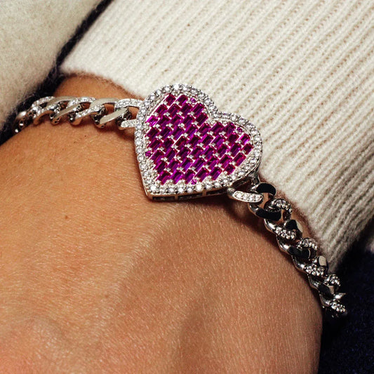 925 Sterling Silver Rhodium Plated 6.4mm Heart Baguette Pink and Round Clear CZ Studded Bracelet