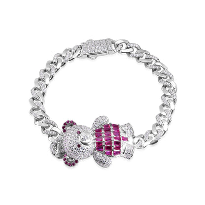 925 Sterling Silver Rhodium Plated 6.4mm Teddy Bear Baguette Pink and Round Clear CZ Studded Bracelet