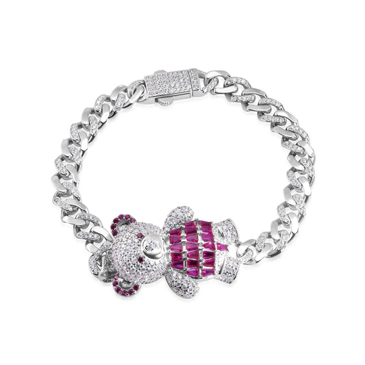 925 Sterling Silver Rhodium Plated 6.4mm Teddy Bear Baguette Pink and Round Clear CZ Studded Bracelet