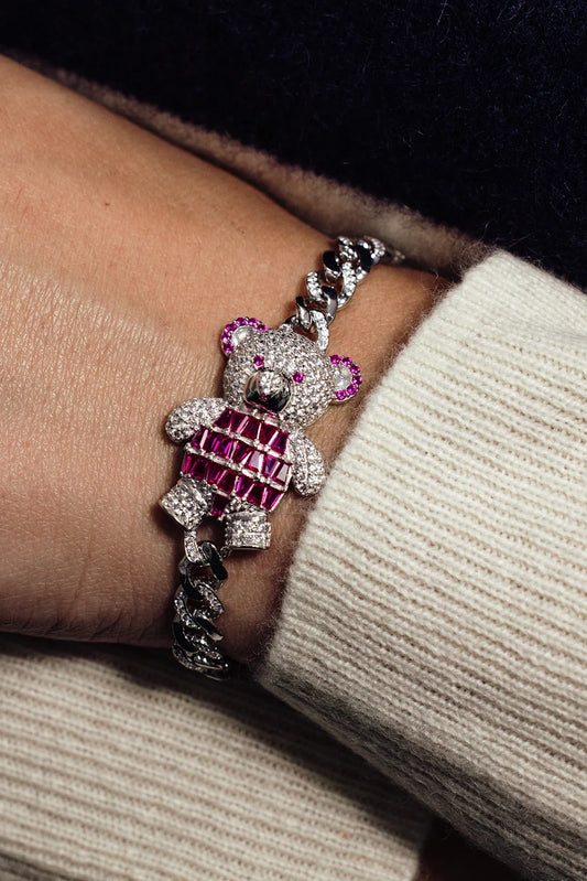 925 Sterling Silver Rhodium Plated 6.4mm Teddy Bear Baguette Pink and Round Clear CZ Studded Bracelet