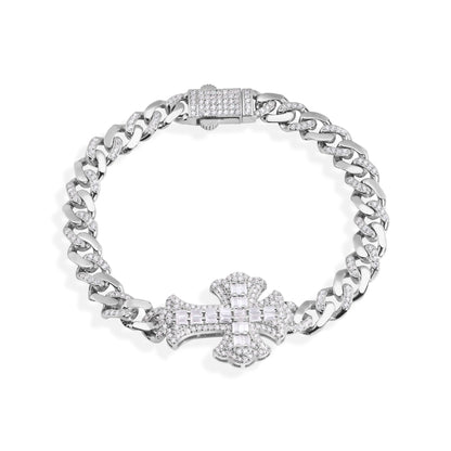 925 Sterling Silver Rhodium Plated 6.7mm Fleur De Lis Cross Baguette and Round Clear CZ Studded Bracelet