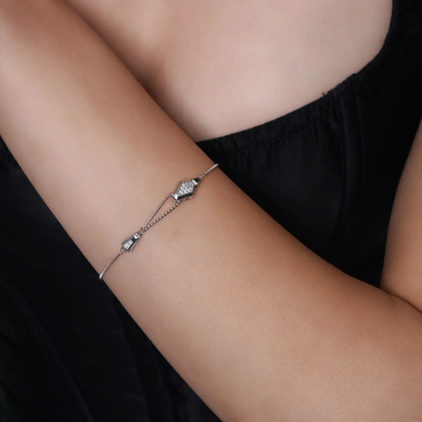 925 Sterling Silver Rhodium Plated Hexagon and Triangle Charm Clear CZ Box Adjustable Bracelet