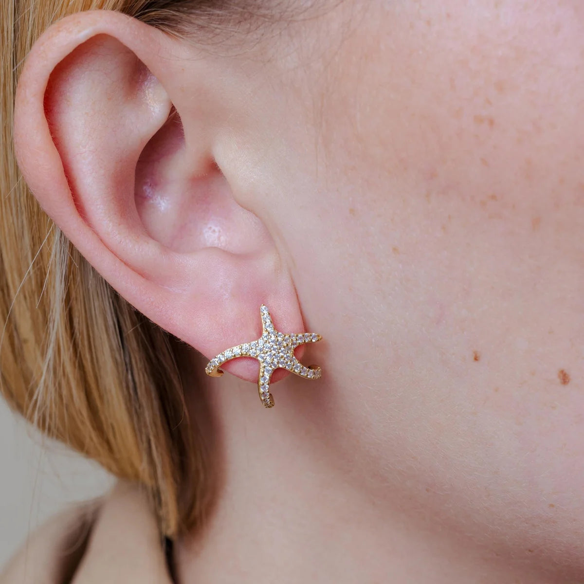 925 Silver Gold Plated Hugging CZ Starfish Earrings