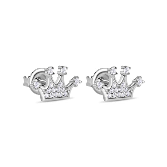 925 Sterling Silver Rhodium Plated CZ Crown Stud Earrings