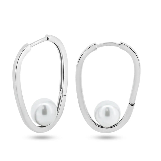 925 Sterling Silver Rhodium Plated Pearl Hoop Earrings