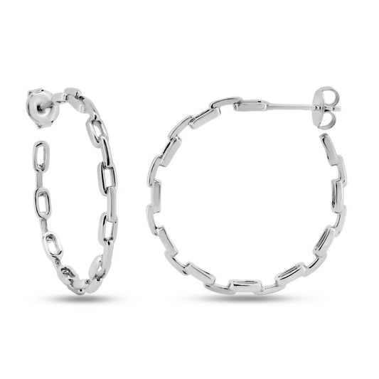 925 Sterling Silver Rhodium Plated Link Design Semi Hoop Earrings