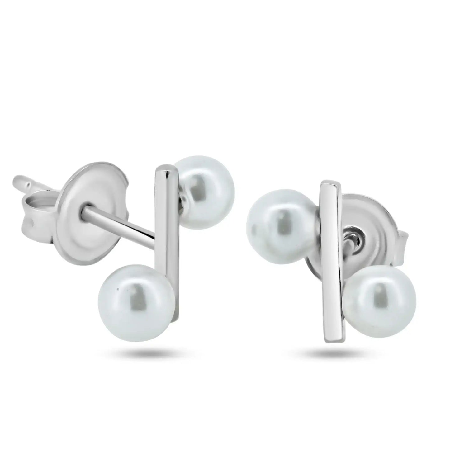 925 Sterling Silver Rhodium Plated Bar with Synthetic Pearl Stud Earrings