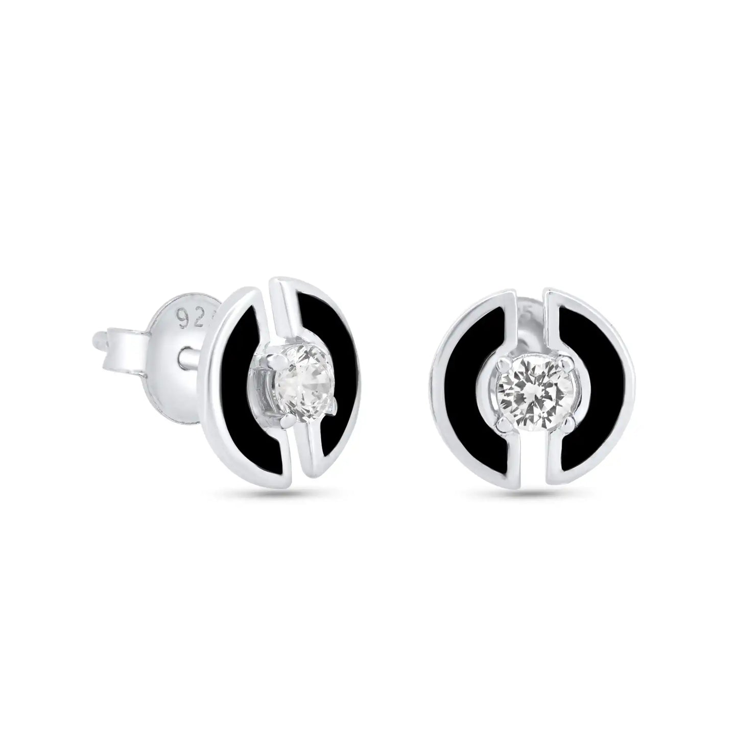 925 Sterling Silver Rhodium Plated Enamel Double Half Circle Stud 11mm Earrings