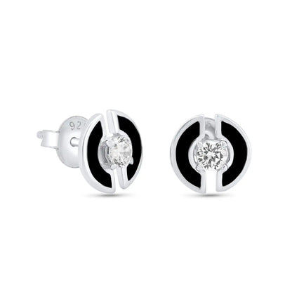 925 Sterling Silver Rhodium Plated Enamel Double Half Circle Stud 11mm Earrings